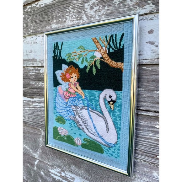 Vintage 1980s Finished Needlepoint picture Fairy Nymph Riding a Swan - Picture 14 of 15